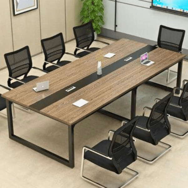 Table de réunion rectangulaire moderne en bois avec structure métallique noire